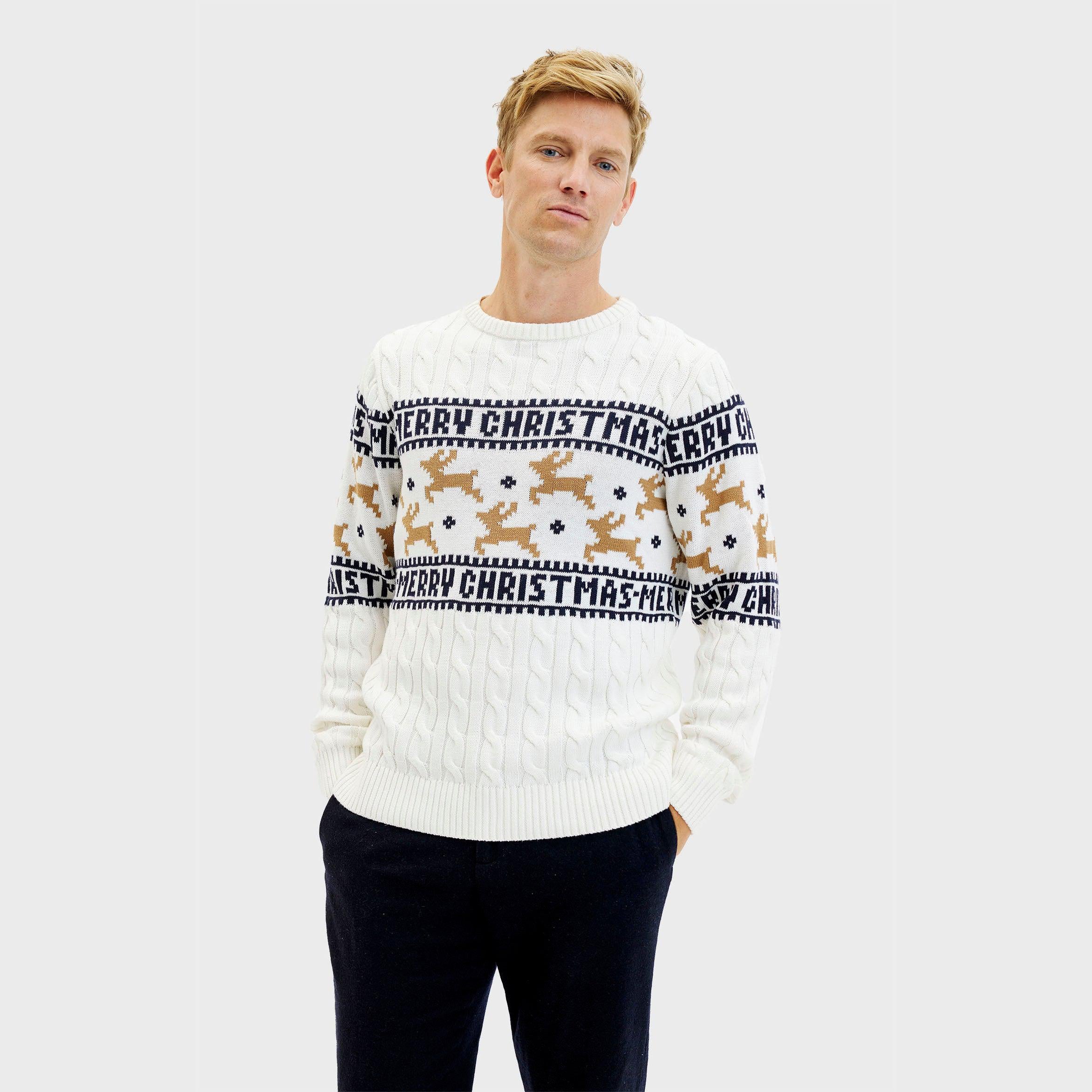 Weißer Weihnachtspullover Herren mit Norwegermuster und Schriftzug Merry Christmas.